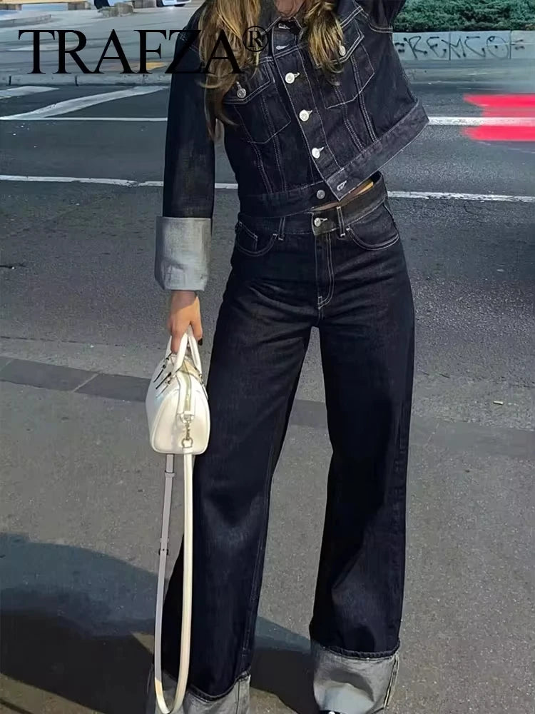 TRAFZA 2024 Autumn Female Vintage Denim Suit Long Sleeve Single Breasted Lapel Coat+High Waist Wide Leg Jeans Street Fashion Set-belleandkai.com