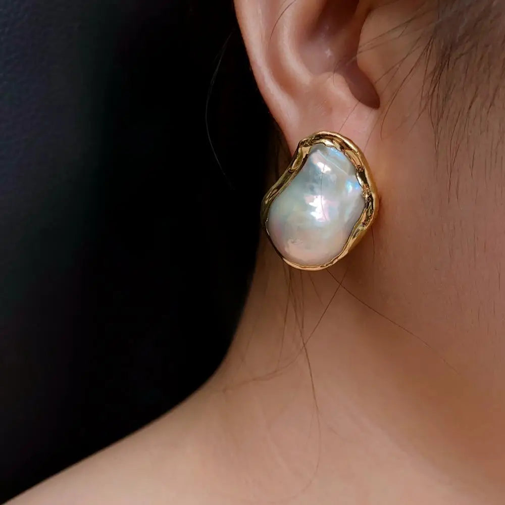 Y·YING Cultured White Keshi Baroque Pearl Stud Earrings Gold Plated Stud-belleandkai.com