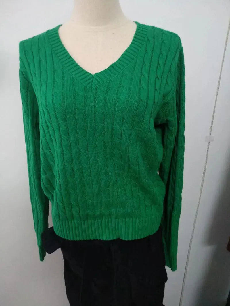 Brandy Mandy Women's V-Neck Long Sleeve Knit Sweater Casual Autumn Top Navy Crop Pullover for Girls-belleandkai.com