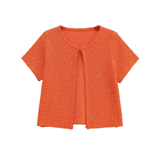 TRAFSHE Women's Fashion Summer Orange Knitwear Short Sleeve O-Neck One Button Sweater Top Knit Sequins Cardigan Women 9598092-belleandkai.com
