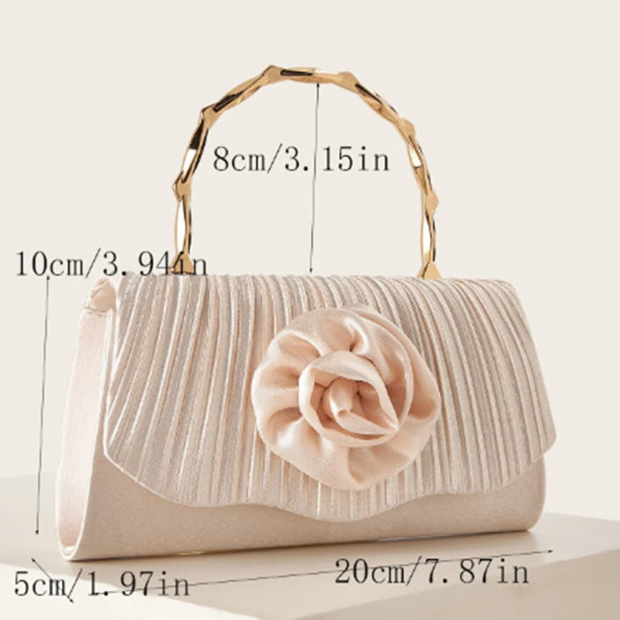 New apricot pleated satin handbag with flower and gold handle luxury handbags for banquets and party chains evening clutch purse-belleandkai.com