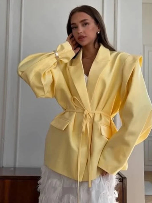 Lace Up Waist Cinched Suit Jacket Coat Blazer Shoulder Pad Strap Commuter Women Mid Length Overcoat Professional Formal Attire-belleandkai.com