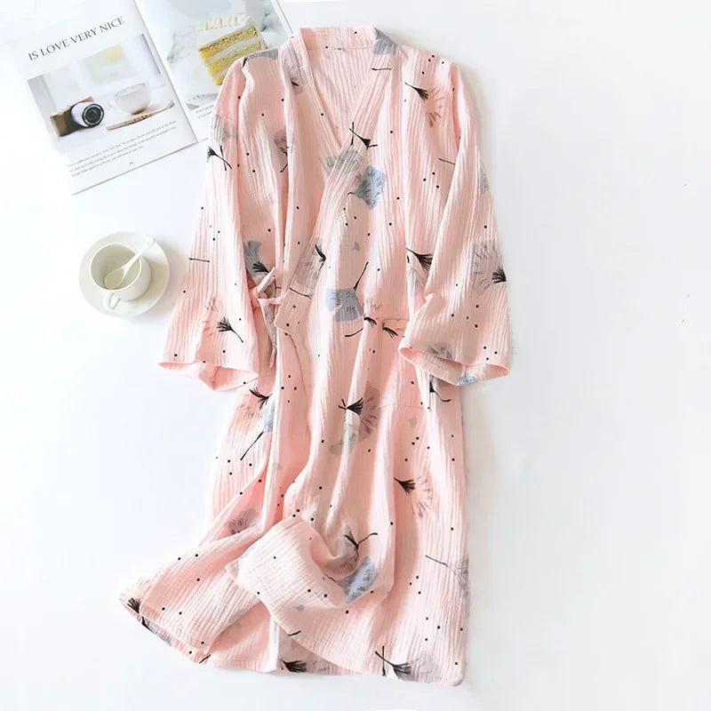 Japanese kimono dressing gown spring and autumn ladies cotton crepe cloth thin summer bathrobe home service sleepwear bath robe-belleandkai.com