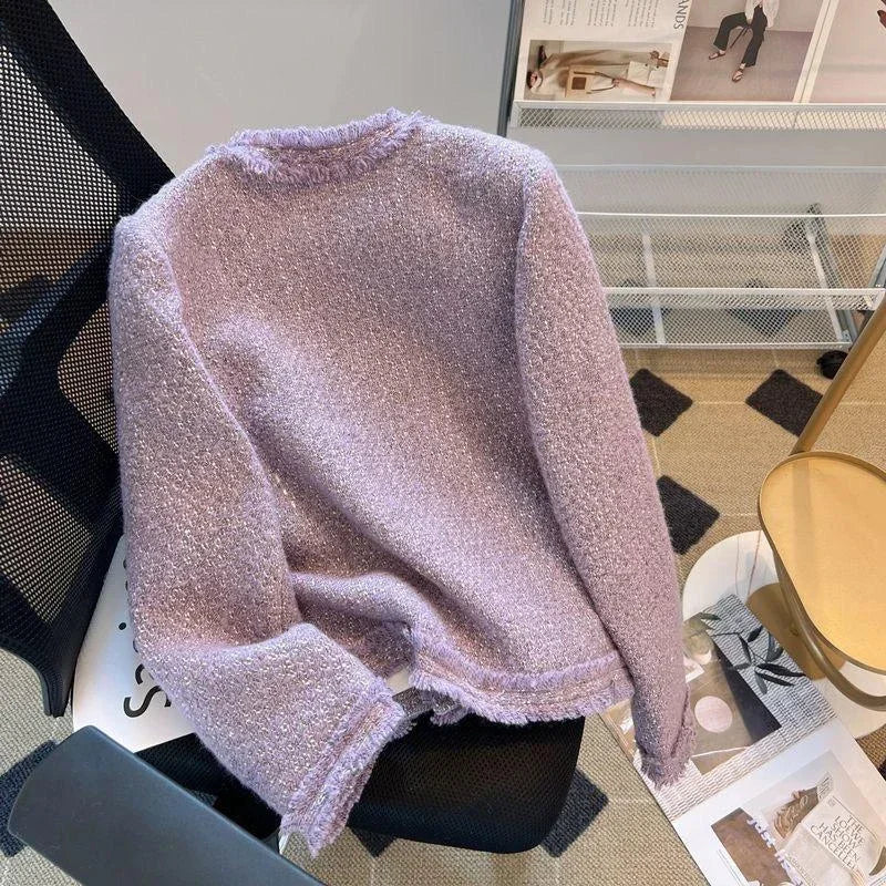Purple Tweed Jacket Women Vintage O-Neck Metal Single Breasted Cropped Coat Autumn Winter Korean Style Elegant Jackets for Women-belleandkai.com