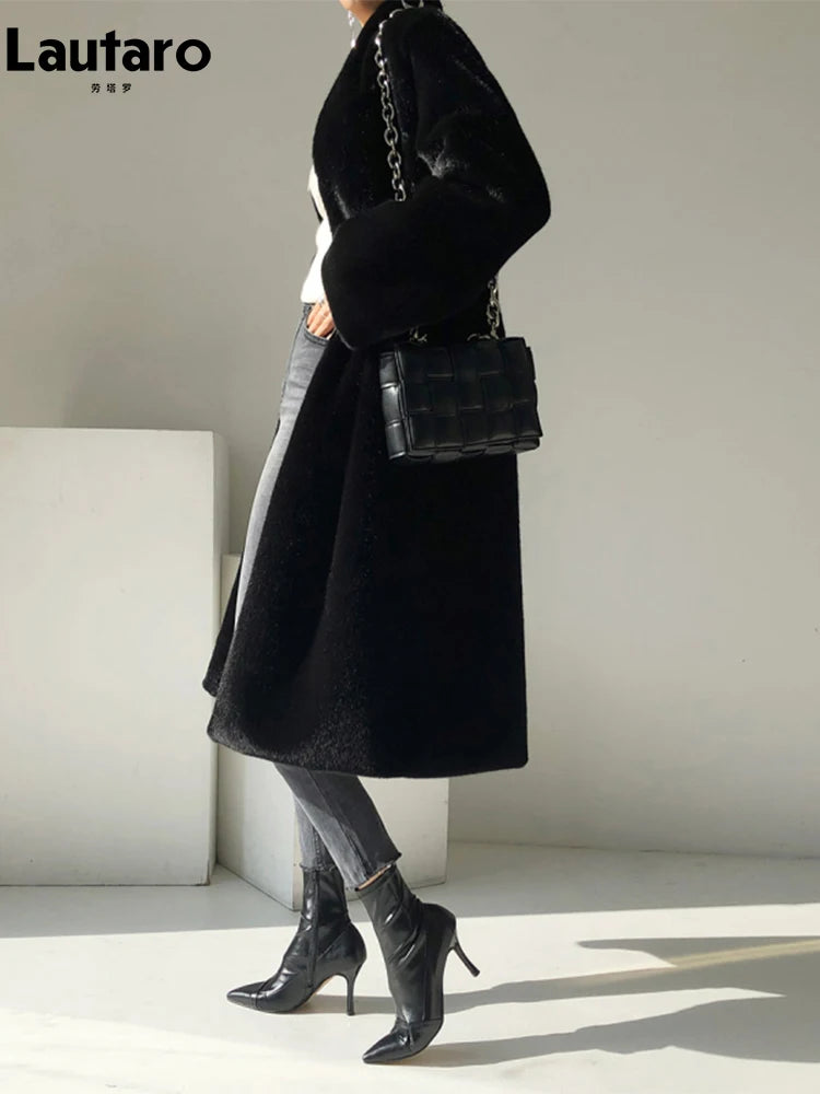 Lautaro Winter Long Black Luxury Elegant Stylish Thick Warm Fluffy Hairy Soft Faux Mink Fur Coat Women Stand Collar Sashes 2023-belleandkai.com