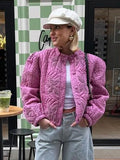 Casual Solid Printed Padded Women Jacket O-neck Full Sleeves Lady Coat 2024 Fashion Autumn Covered Button Female Loose Outwear-belleandkai.com