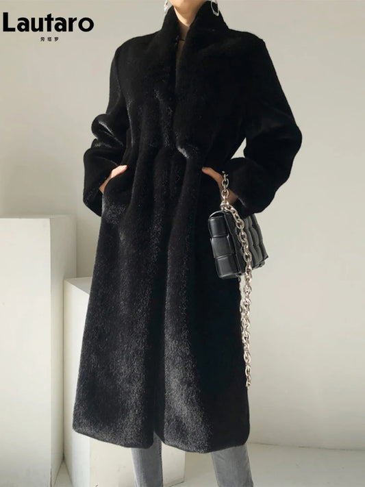 Lautaro Winter Long Black Luxury Elegant Stylish Thick Warm Fluffy Hairy Soft Faux Mink Fur Coat Women Stand Collar Sashes 2023-belleandkai.com
