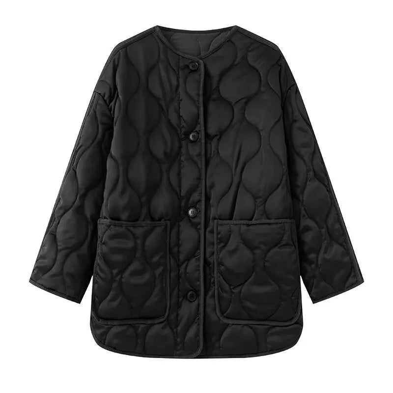 BSK&TRAF2025 Autumn New Women's Solid Color Retro Large Pocket Round Neck Long Sleeve Loose Quilted Cotton Jacket Coat-belleandkai.com
