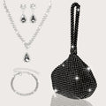 Elegant and luxurious rhinestone-encrusted evening bag and clutch, paired with a four-piece necklace, earrings and bracelet.-belleandkai.com