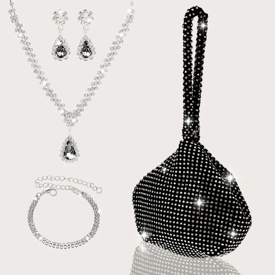 Elegant and luxurious rhinestone-encrusted evening bag and clutch, paired with a four-piece necklace, earrings and bracelet.-belleandkai.com