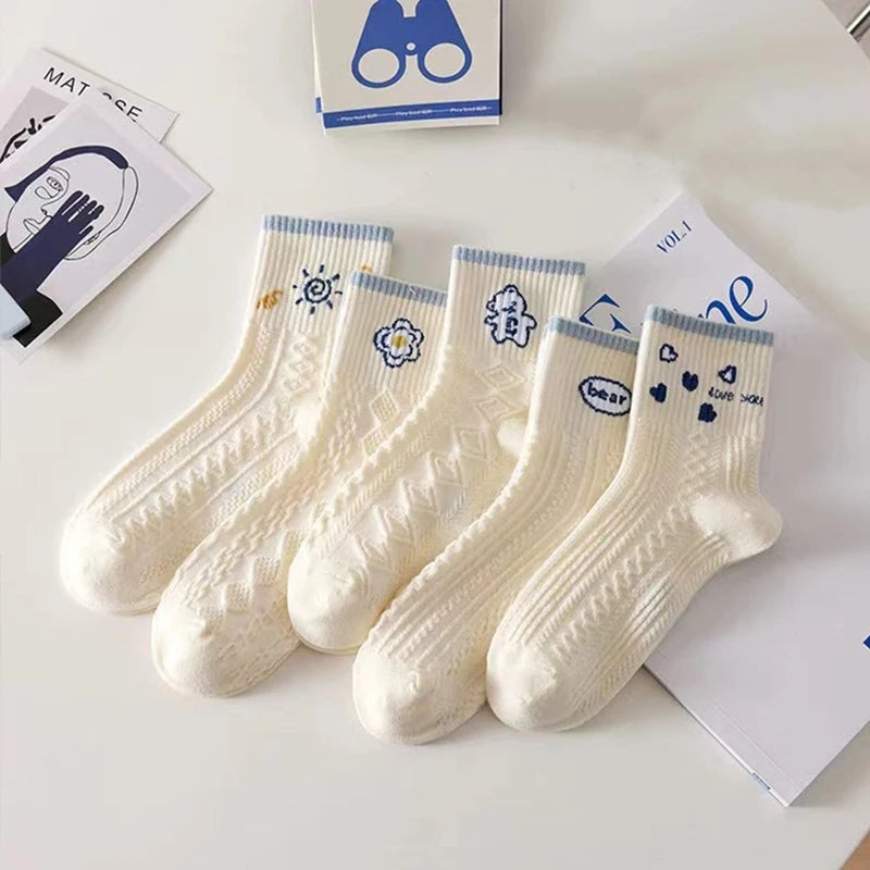 5 Pairs/Lot Socks Women's Cotton Print Short Ankle Set White Sports Cycling Running Compression Summer Breathable-belleandkai.com