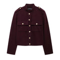 Women Vintage Wine Red Coat O Neck Long Sleeve Single Breasted Jacket With Pockets Autumn Casual Office Lady Outerwear-belleandkai.com