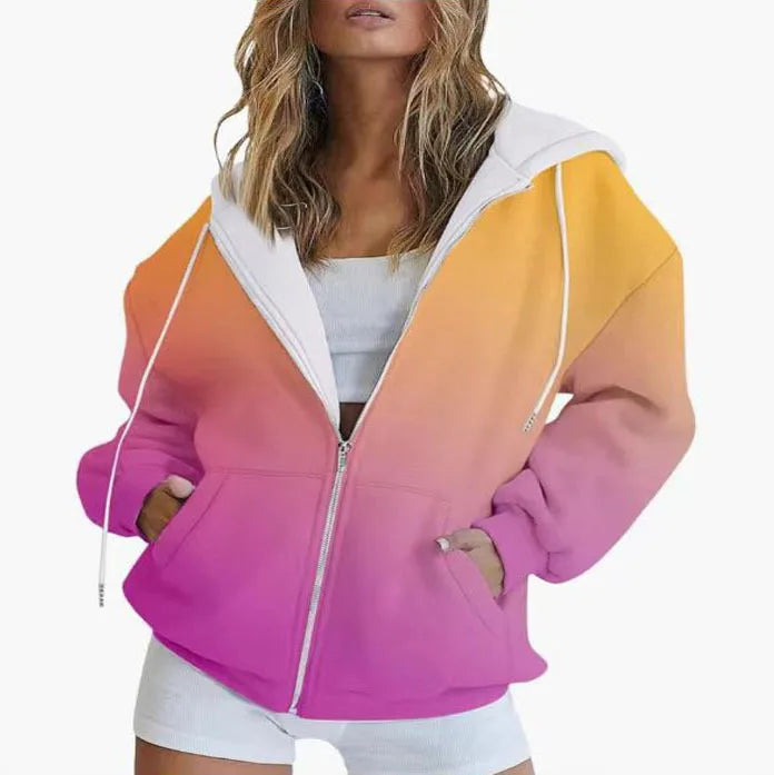 Autumn new gradient 3D digital printed casual long sleeved zipper hooded sweatshirt for women-belleandkai.com