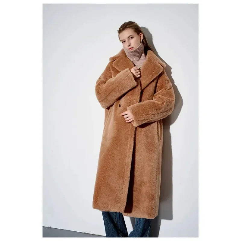 Top Quality New Teddy Coat Women, Luxury Genuine Fur 62% Alpaca 26% Wool 12% Silk, Winter Warm Long Teddy Coat Jacket for Women-belleandkai.com