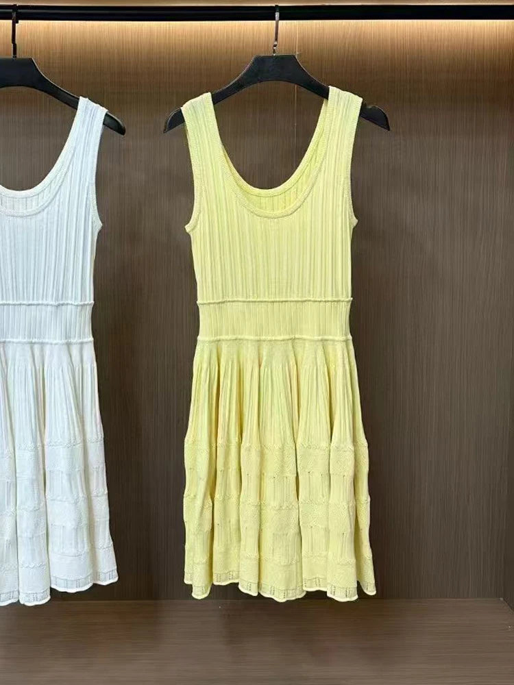 U collar Slim knit short dress temperament elegant hollow A-line women's dresses 2025 Spring New-belleandkai.com