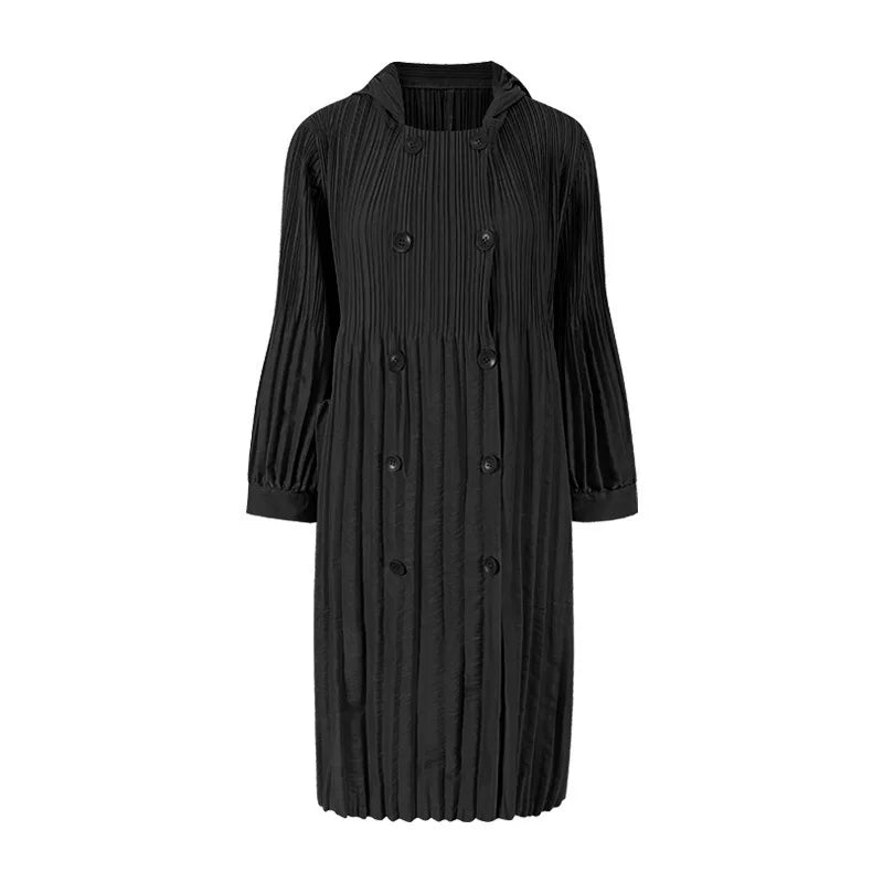 Miyake pleate Pleated Hooded Windbreaker Jacket Fall 2022 Winter New Korean Fashion Double Breasted Loose Women Long Trench Coat-belleandkai.com