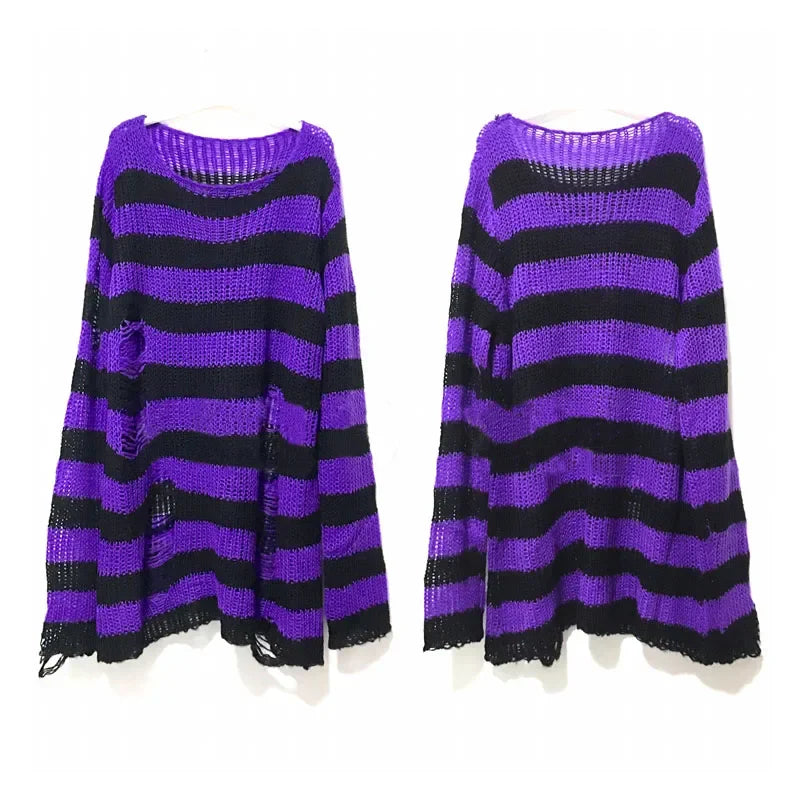 New Autumn Punk Gothic Long Unisex Sweater Women Striped Cool Hollow Out Hole Broken Jumper Loose Rock Thin Dark Streetwear Top-belleandkai.com