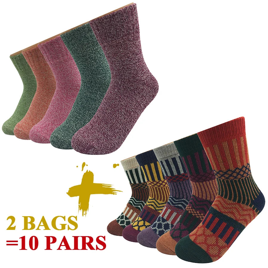 5 Pairs/Lot Wool Socks Women Winter Japanese Harajuku  Bohemian Cashmere Warm Colorful Socks Ladies Girl Christmas Gift 5 Styles-belleandkai.com
