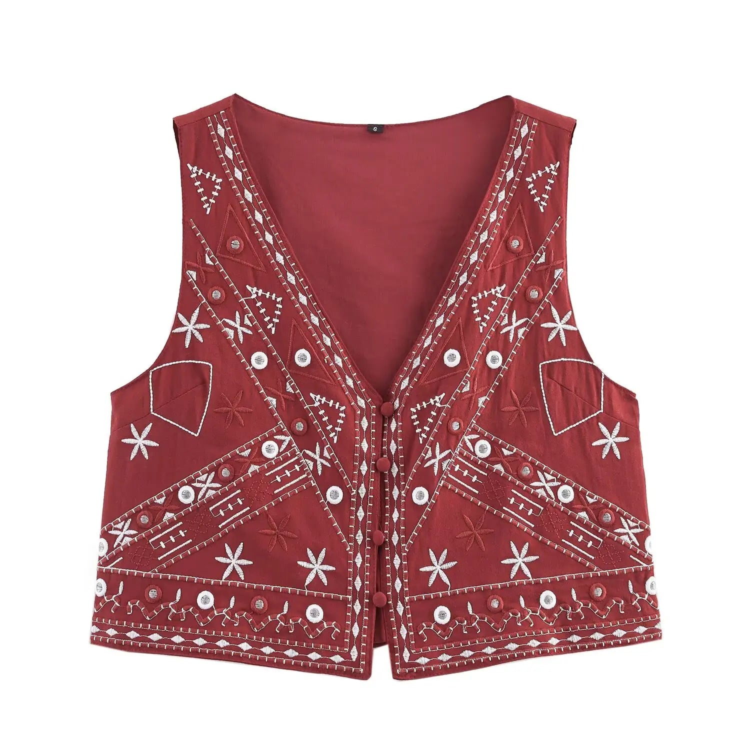 TRAFZA Casual Chic Red Embroidery Women Suits V Neck Sleeveless Vest Wide Leg Shorts Fashion 2025 Summer  Boho V Neck Women Sets-belleandkai.com