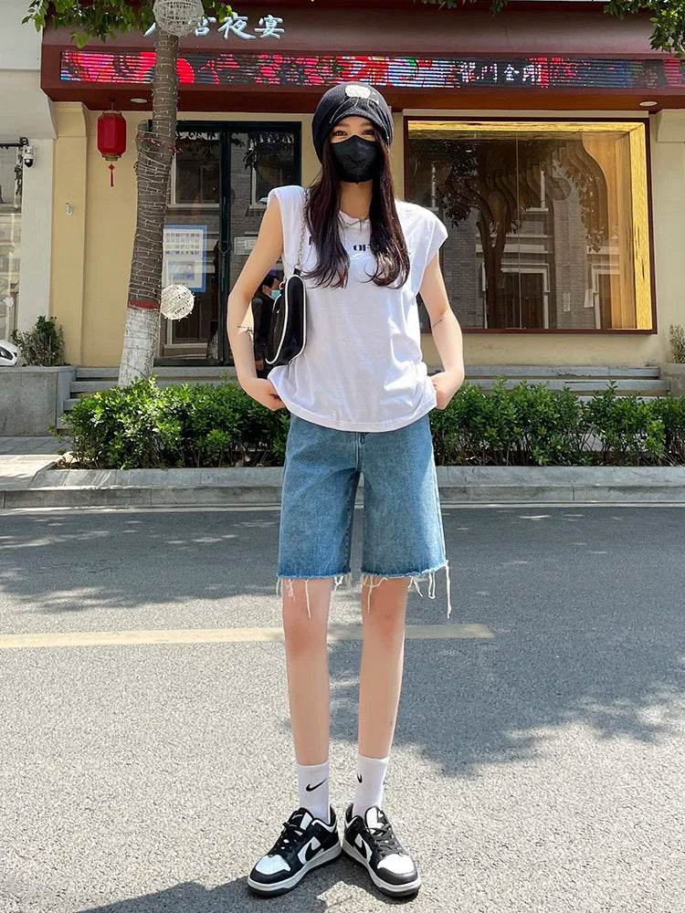 DFRCAEG 2025 Summer Jean Shorts Women Street Wear High Waist Burrs Wide Leg Half Length Bermuda Denim Shorts Woman Hot Sale-belleandkai.com