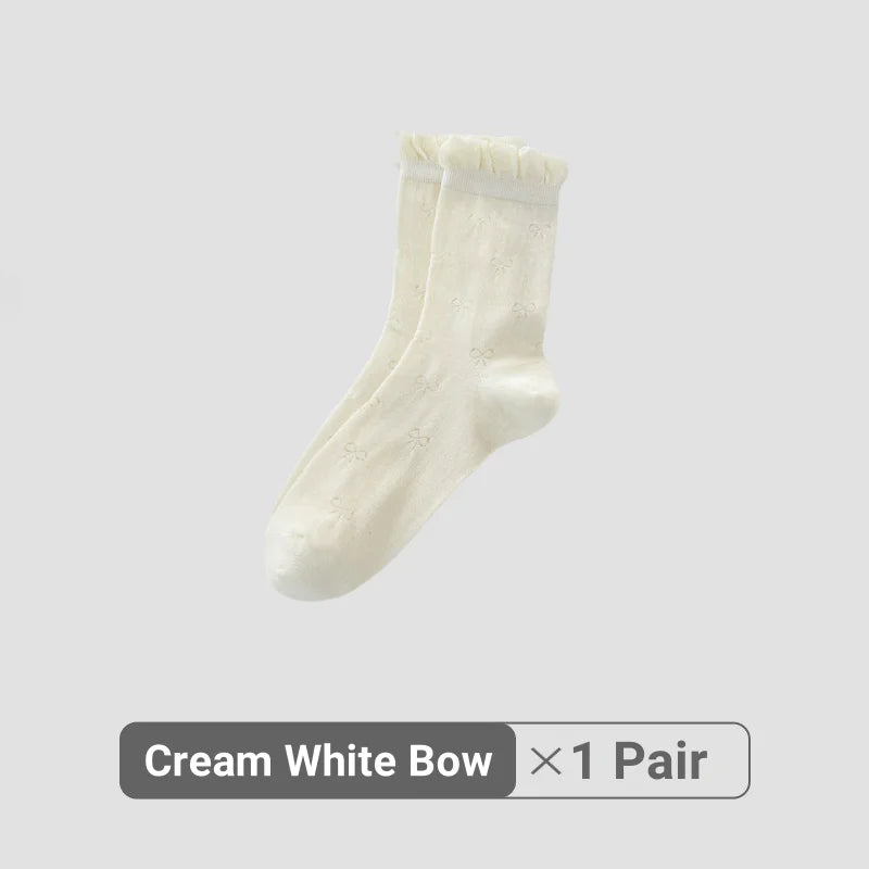 Women White Cream Lace Stackable Mid Calf Socks Bow Heart Star Design K-Style Spring Summer Thin Socks-belleandkai.com