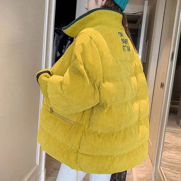 Gidyq Women Corduroy Padded Down Jacket Korean Fashion Letter Embroidery Padded Warm Coats Winter Casual Female Loose Outerwear-belleandkai.com