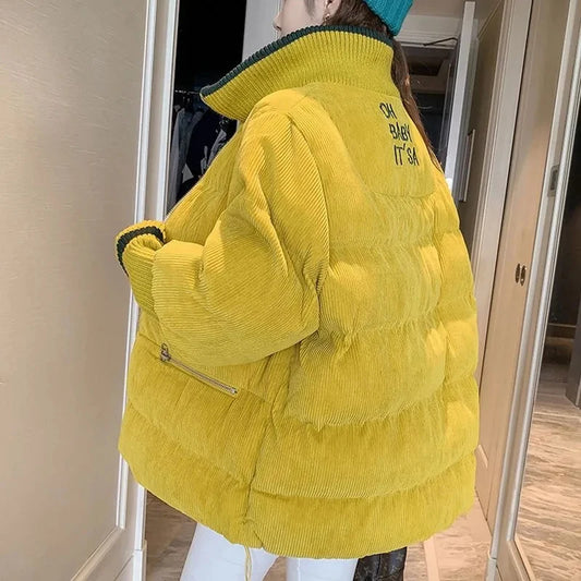 Gidyq Women Corduroy Padded Down Jacket Korean Fashion Letter Embroidery Padded Warm Coats Winter Casual Female Loose Outerwear-belleandkai.com