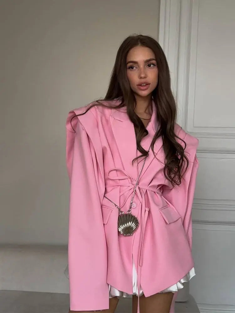 Lace Up Waist Cinched Suit Jacket Coat Blazer Shoulder Pad Strap Commuter Women Mid Length Overcoat Professional Formal Attire-belleandkai.com