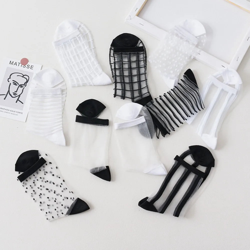 Women's Summer Socks Thin & Breathable Ankle Socks | Striped/Transparent/Plaid/Dots Pattern, Casual Socks for Women (10Pair)-belleandkai.com