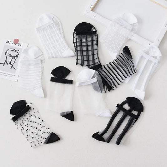 Women's Summer Socks Thin & Breathable Ankle Socks | Striped/Transparent/Plaid/Dots Pattern, Casual Socks for Women (10Pair)-belleandkai.com
