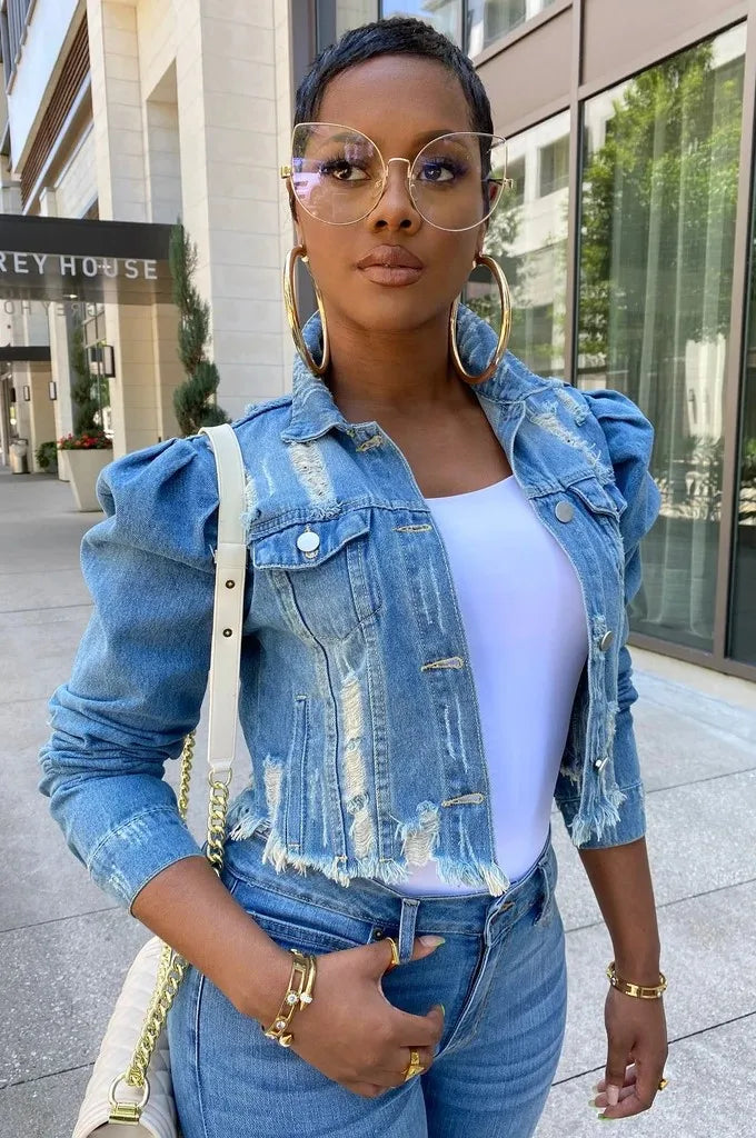 Fashion Bubble Long Sleeve Lapel Button Splicing Denim Jacket Female Broken Holes Tassel Outerwear Trend Streetwear Women's Coat-belleandkai.com