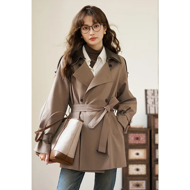 Women's Trench  Detachable Double Layer Leather Collar Solid Loose Double Breasted  A-LINE Coats-belleandkai.com