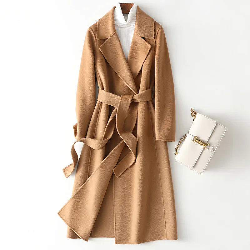 2025 Autumn 100% Wool Coats With Belt Fashion Open Stitch Elegant Woolen Cashmere Coat Veste Femme Tops-belleandkai.com