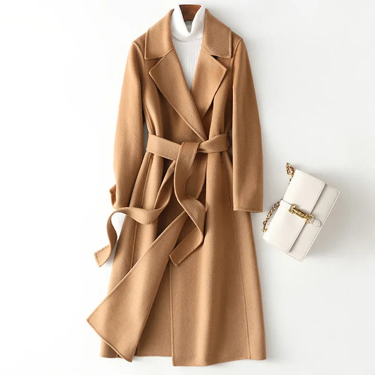 2025 Autumn 100% Wool Coats With Belt Fashion Open Stitch Elegant Woolen Cashmere Coat Veste Femme Tops-belleandkai.com