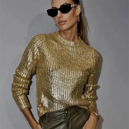 UNIZERA 2023 Autumn/Winter New Product Women's New Fashion Casual Versatile Casual Metal Fragmented Loose Round Neck Knit Top-belleandkai.com