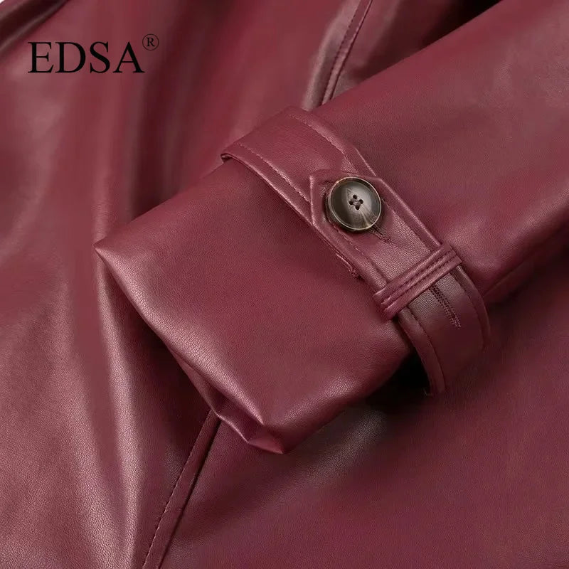 EDSA Women Luxury Faux Leather Jacket Coat with Belt for Autumn Winter Loose Long Windbreaker Trench Vintage Outerwear-belleandkai.com