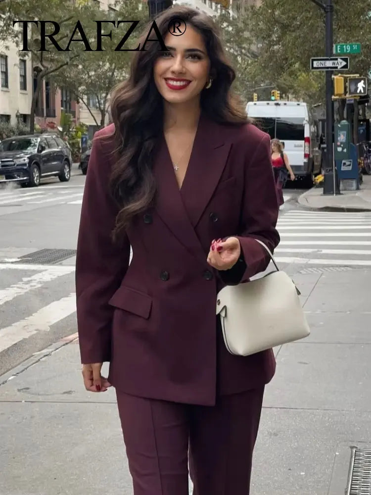 TRAFZA Women's Burgundy Blazers Elegant Double Breasted Coat Long Sleeve Blazer Jacket Autumn Lady Office New Wine Red Outerwear-belleandkai.com