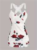 2024 spring and summer Europe and the United States new women's rose print pleated suspenders butterfly lace cross vest.-belleandkai.com