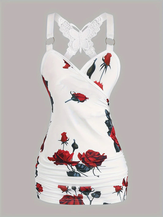 2024 spring and summer Europe and the United States new women's rose print pleated suspenders butterfly lace cross vest.-belleandkai.com