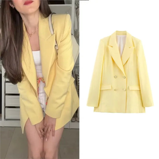 Fashion Yellow Blazer Woman Elegant Chic Pockets Double Buttons Long Sleeve Loose Coat 2025 New spring Office Lady Solid Suits-belleandkai.com