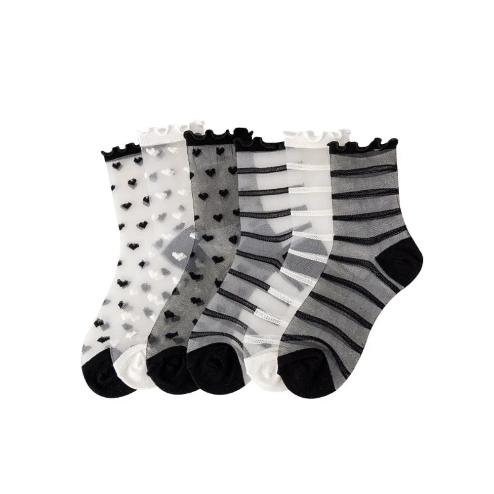 Women Transparent Black Heart Pattern Socks Ultra-thin Elastic Crystal Silk Socks Nylon Fashion Ladies Summer Short Ankle Socks-belleandkai.com