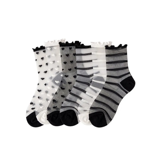 Women Transparent Black Heart Pattern Socks Ultra-thin Elastic Crystal Silk Socks Nylon Fashion Ladies Summer Short Ankle Socks-belleandkai.com