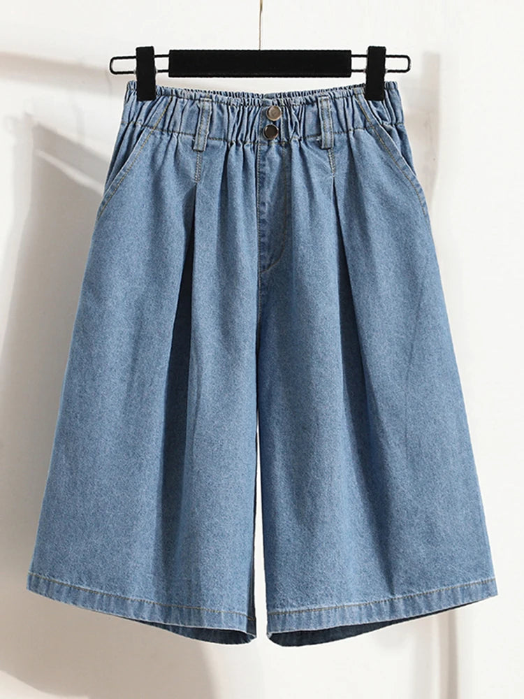 High Waist Wide Leg Loose Denim Shorts Women 2024 Summer New Arrivals Half Length Blue Color Jeans Shorts Korean Casual Jeans-belleandkai.com