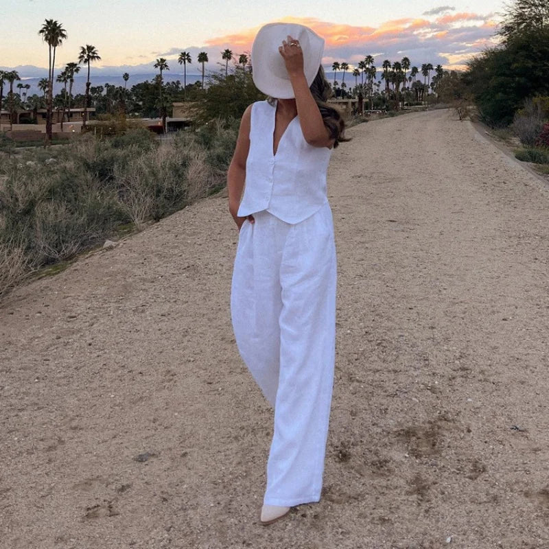 2025 New Summer Two Piece Sets Fashion Women Single Breasted Sleeveless Vest Wide Leg Pant Suit Casual Solid Office Lady Outfits-belleandkai.com