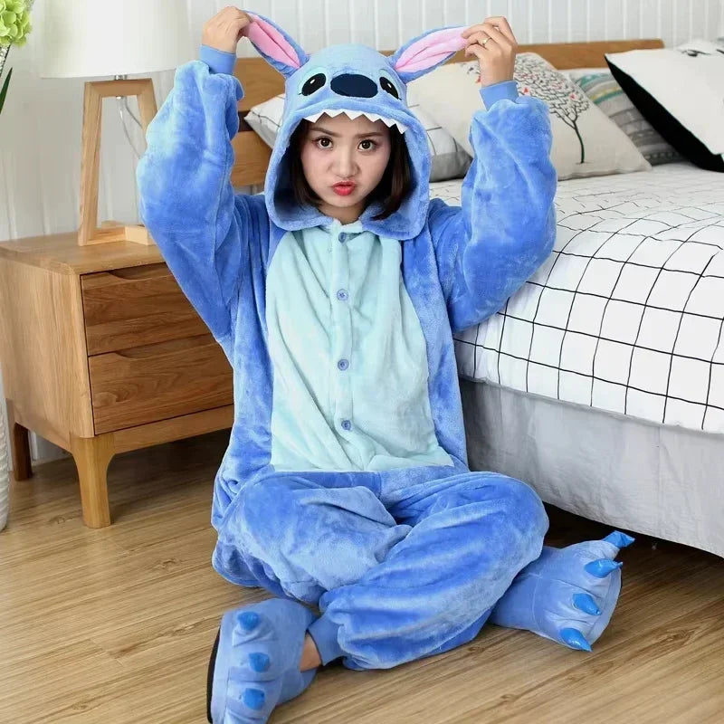 Disney Stitch Winter Adult Jumpsuit Men's and Women's Sleepwear Set Integrated Halloween Christmas Hooded Anime Jumpsuit-belleandkai.com