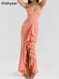 Wishyear Women Sexy Spaghetti Strap Ruffle Irregular Bodycon Long Dress Elegant Boho Beach Party Evening Prom Birthday Vestidos-belleandkai.com