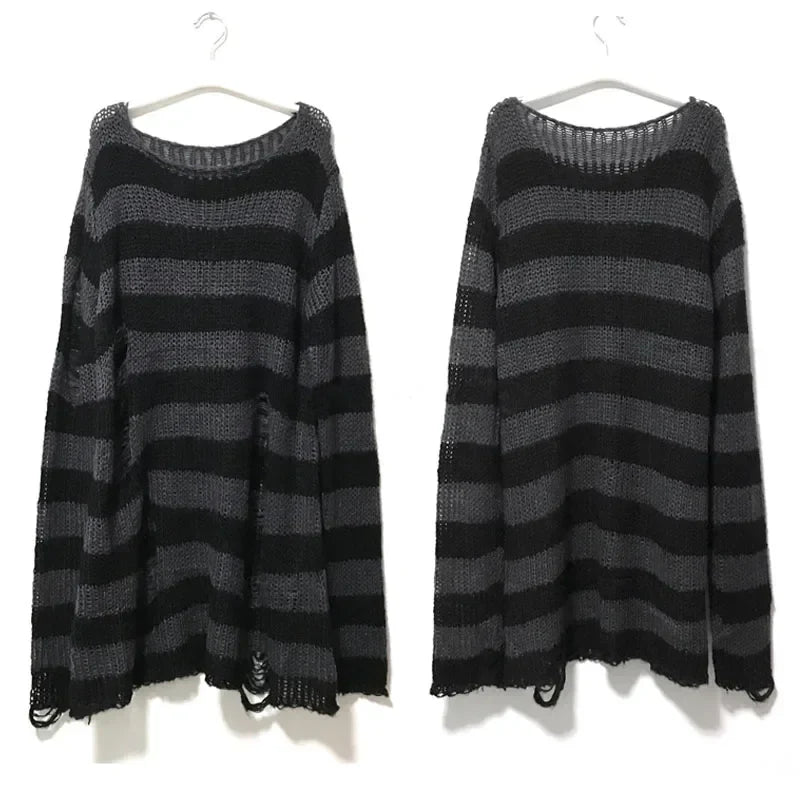 New Autumn Punk Gothic Long Unisex Sweater Women Striped Cool Hollow Out Hole Broken Jumper Loose Rock Thin Dark Streetwear Top-belleandkai.com