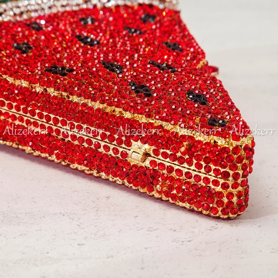 Alizekerr Pizza Shaped Diamond Evening Clutch Bags 2024 New Gorgeous Unique Metallic Watermelon Rhinestone Purses Wedding Party-belleandkai.com