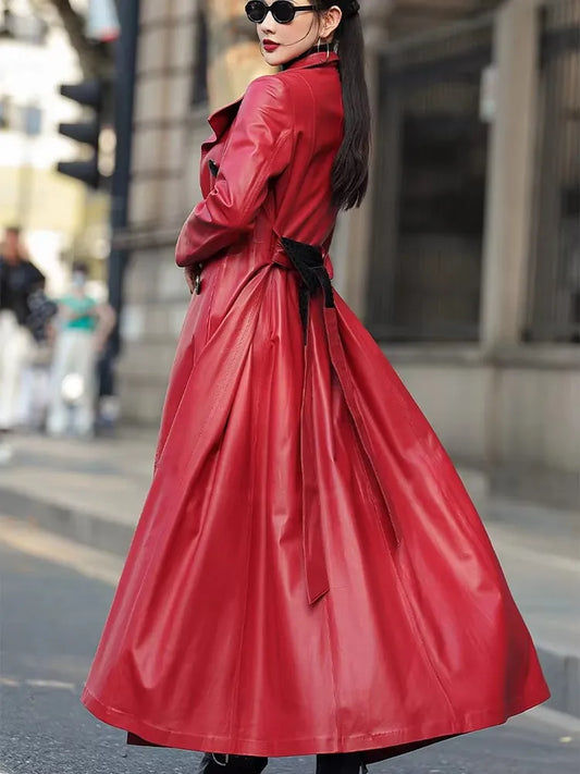 Mauroicardi Spring Autumn Extra Long Soft Pu Leather Trench Coat for Women Sashes Double Breasted Elegant Luxury Chic Overcoat-belleandkai.com