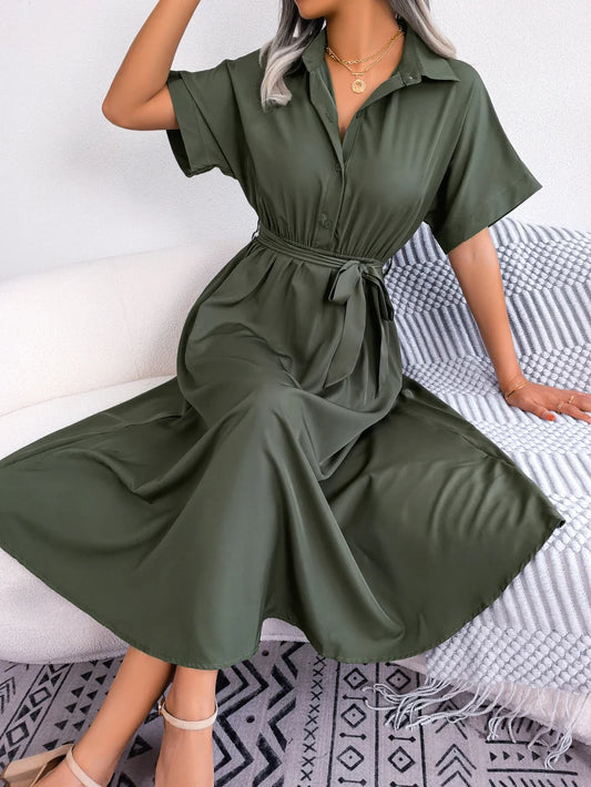 Women Summer Casual Short Sleeve Slim Waist Shirt Dress-belleandkai.com